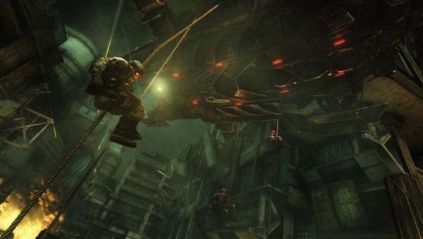 Killzone 2 screenshot showing soldier repelling in a dystopian environment.