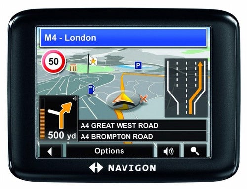 Navigon 1210 Sat-Nav displaying a map and route options.