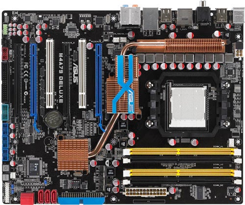 Asus M4A79T Deluxe motherboard overhead view.