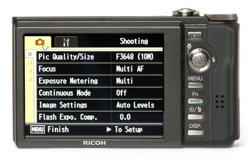 Ricoh R10 camera with shooting settings displayed on screen.