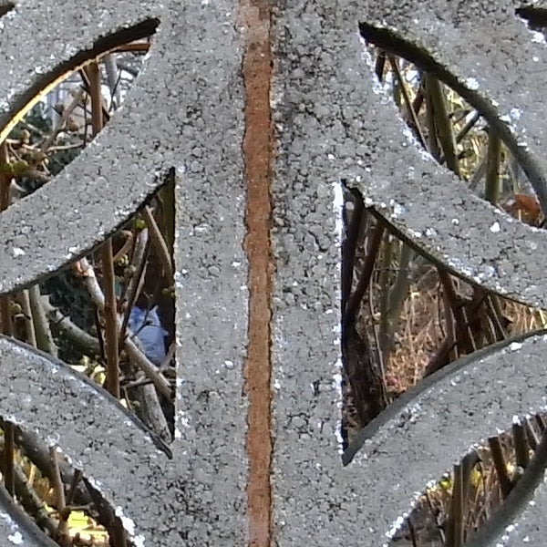 Close-up of frost on a metallic ornament with intricate patterns.