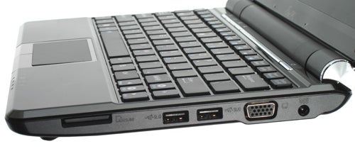 Close-up of Asus Eee PC 1000HE side ports and keyboard.