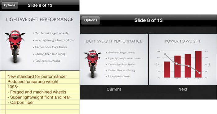 Screenshot of iWork '09 presentation with motorcycle and performance graph