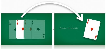 Animation of a playing card transitioning with a swoosh effect.