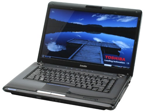 Toshiba Satellite A350-11N laptop with open lid displaying screen.