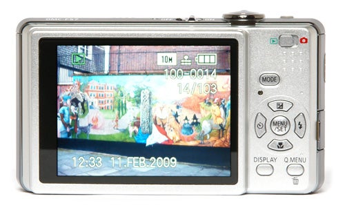 Panasonic Lumix DMC-FS7 camera displaying photo on screen.