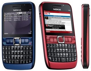 Nokia E63 in blue and red side by side.