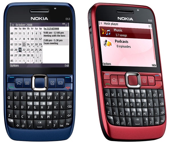 Nokia E63 smartphones in blue and red displaying features.