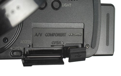 Close-up of Panasonic HDC-HS20 camcorder ports.