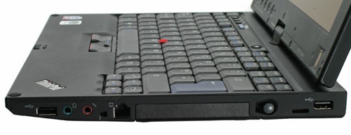 Close-up of Lenovo ThinkPad X200t keyboard and ports.