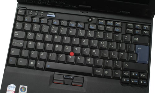 Close-up of Lenovo ThinkPad X200t keyboard and trackpoint.