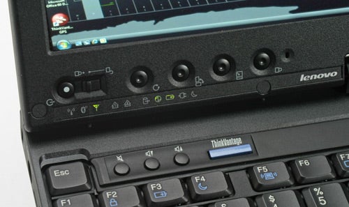 Close-up of Lenovo ThinkPad X200t Tablet PC keyboard and screen.