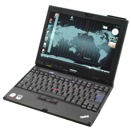Lenovo ThinkPad X200t tablet PC with open lid and screen on.
