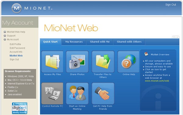 Western Digital MioNet Web interface screenshot.