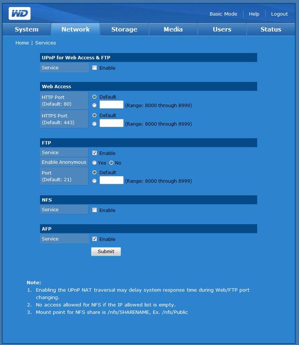 Screenshot of Western Digital My Book interface for network settings.
