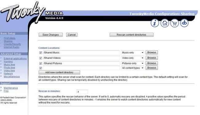 Screenshot of Twonky Media server configuration interface.