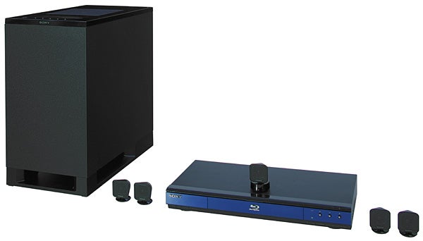 Sony Blu-ray home cinema system with speakers and subwoofer.