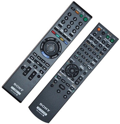 Two Sony remote controls for home cinema system.