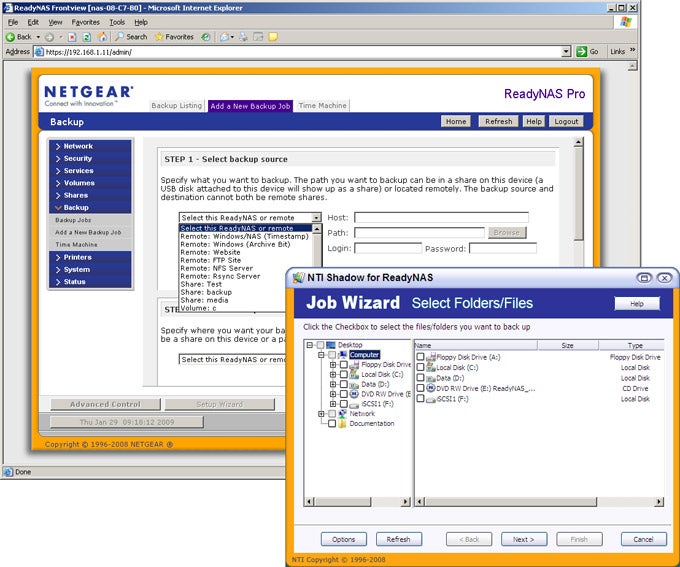 Screenshot of Netgear ReadyNAS Pro interface with Job Wizard open.