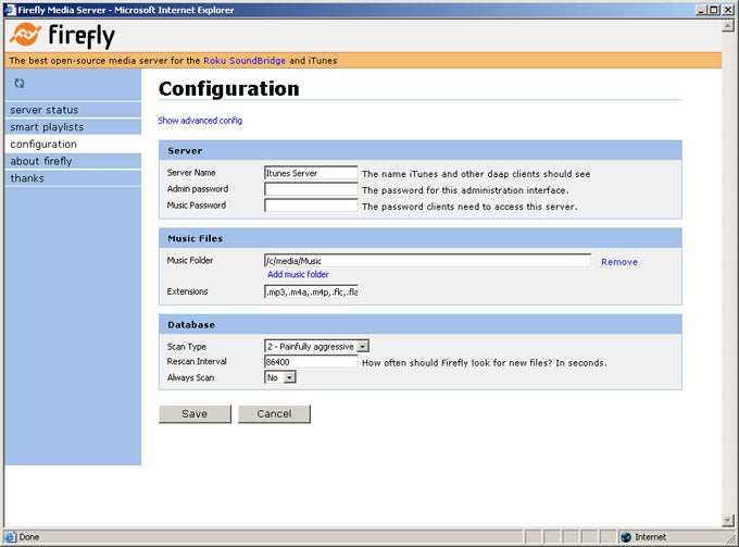 Screenshot of Firefly Media Server configuration settings on Internet Explorer.
