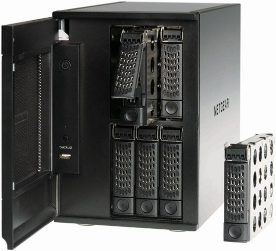 Netgear ReadyNAS Pro Business Edition open with hard drives.