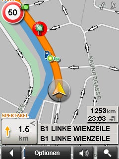Screenshot of Navigon MobileNavigator 7 interface showing route guidance.