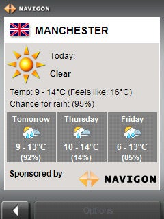 Navigon MobileNavigator 7 displaying Manchester weather forecast.