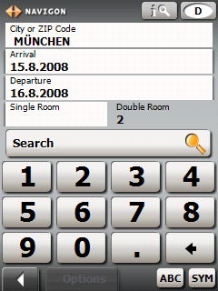 Navigon MobileNavigator interface with hotel search keypad.