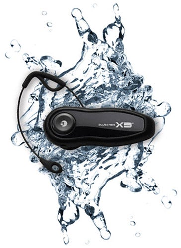 Bluetrek X3 Bluetooth headset surrounded by splashing water.