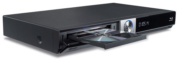 LG BD370 Blu-ray player with open disc tray.