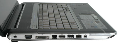 Side view of an HP HDX18-1005ea laptop showing ports.