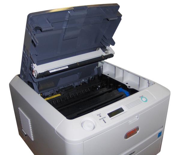 OKI B410dn LED printer with open cover showing internals.