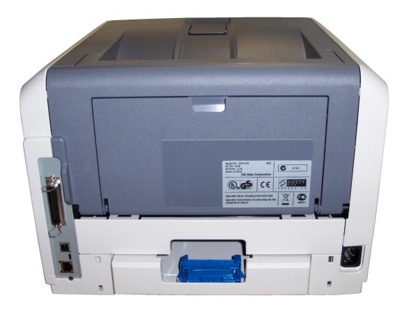 OKI B410dn LED printer with open back panel.