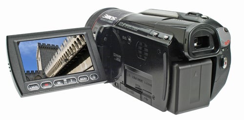 Panasonic HDC-HS300 camcorder with flip-out LCD screen.