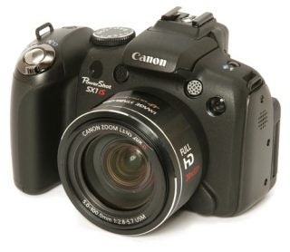 Canon PowerShot SX1 IS digital camera on white background.
