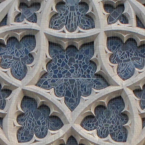 Close-up of detailed gothic window architecture.