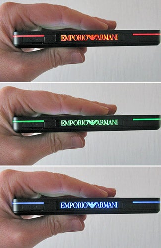 Samsung Emporio Armani M7500 phone with color-changing side lights.