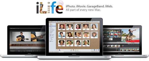 Apple iLife '09 suite displayed on MacBook screens.