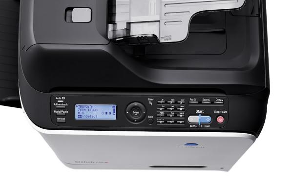 Close-up of Konica Minolta Magicolor 4695MF printer control panel.