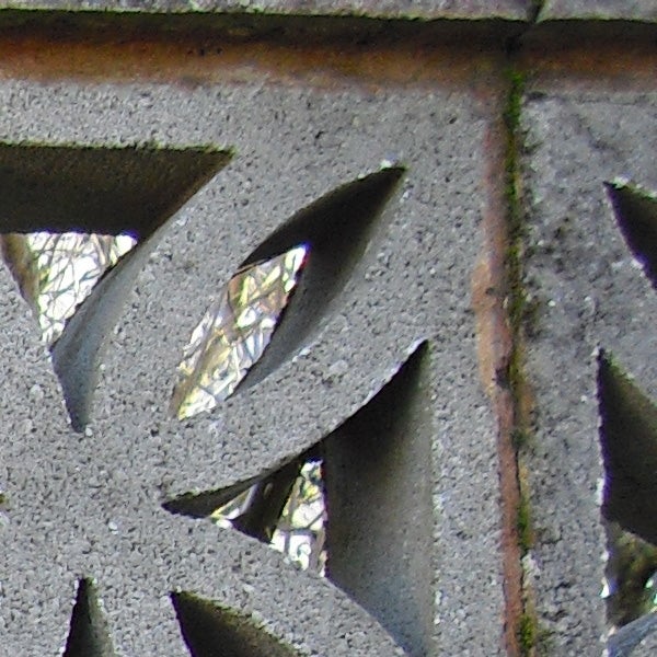 Close-up of a decorative concrete block with leaf patterns.