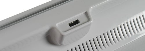 Close-up of BenQ M2200HD monitor's USB port and ventilation grill.