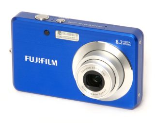 Blue Fujifilm FinePix J12 digital camera with lens visible