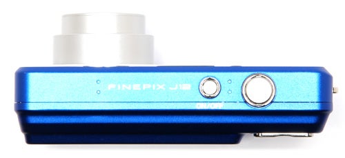Blue Fujifilm FinePix J12 camera on white background.