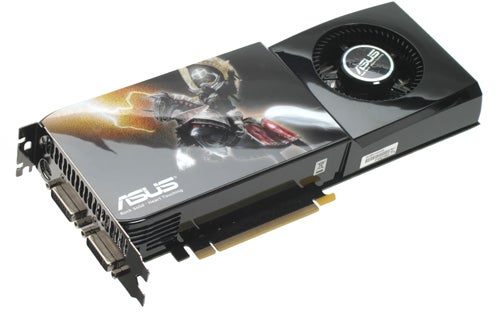 ASUS nVidia GeForce GTX 285 graphics card with cooler and ports.