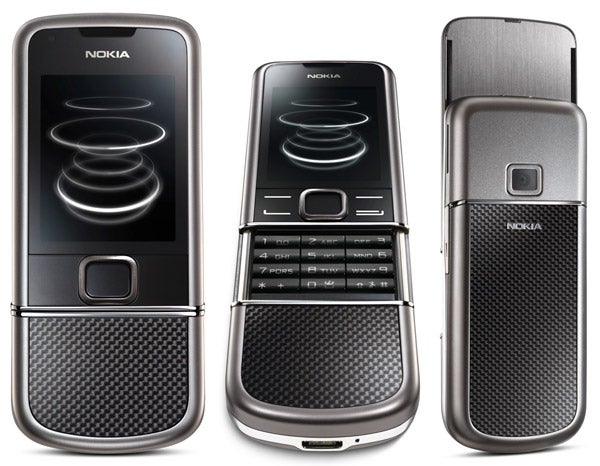 Nokia 8800 Carbon Arte phone in three different views.