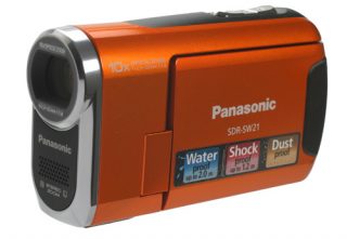 Panasonic SDR-SW21 camcorder showcasing water, shock, dustproof features.