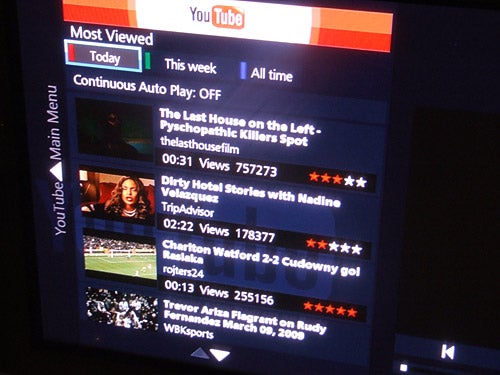 Panasonic Blu-ray player displaying YouTube menu.