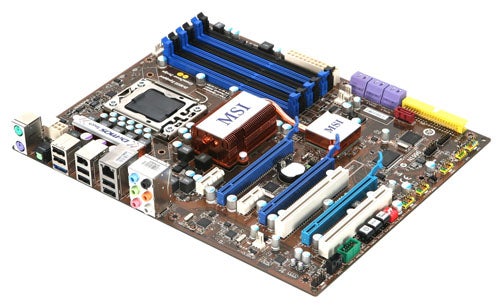 MSI X58 Pro motherboard with blue and white slots.