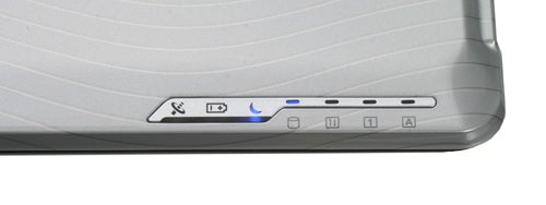 Close-up of MSI EX620 notebook's power button and status indicators.