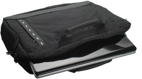 MSI EX620 laptop partially inside a black carrying case.